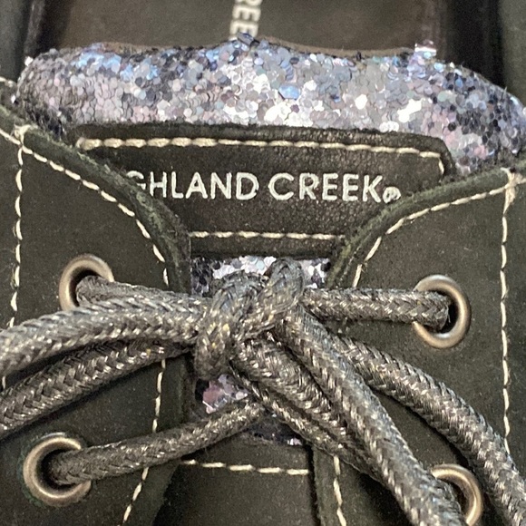 Highland Creek Black Silver Glitter Shimmer Leather Boat Shoes Topsiders New - Picture 15 of 17